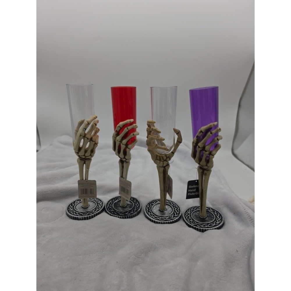 X4 Halloween, creepy skeleton hand , champagne goblets, 10 inches tall, plastic